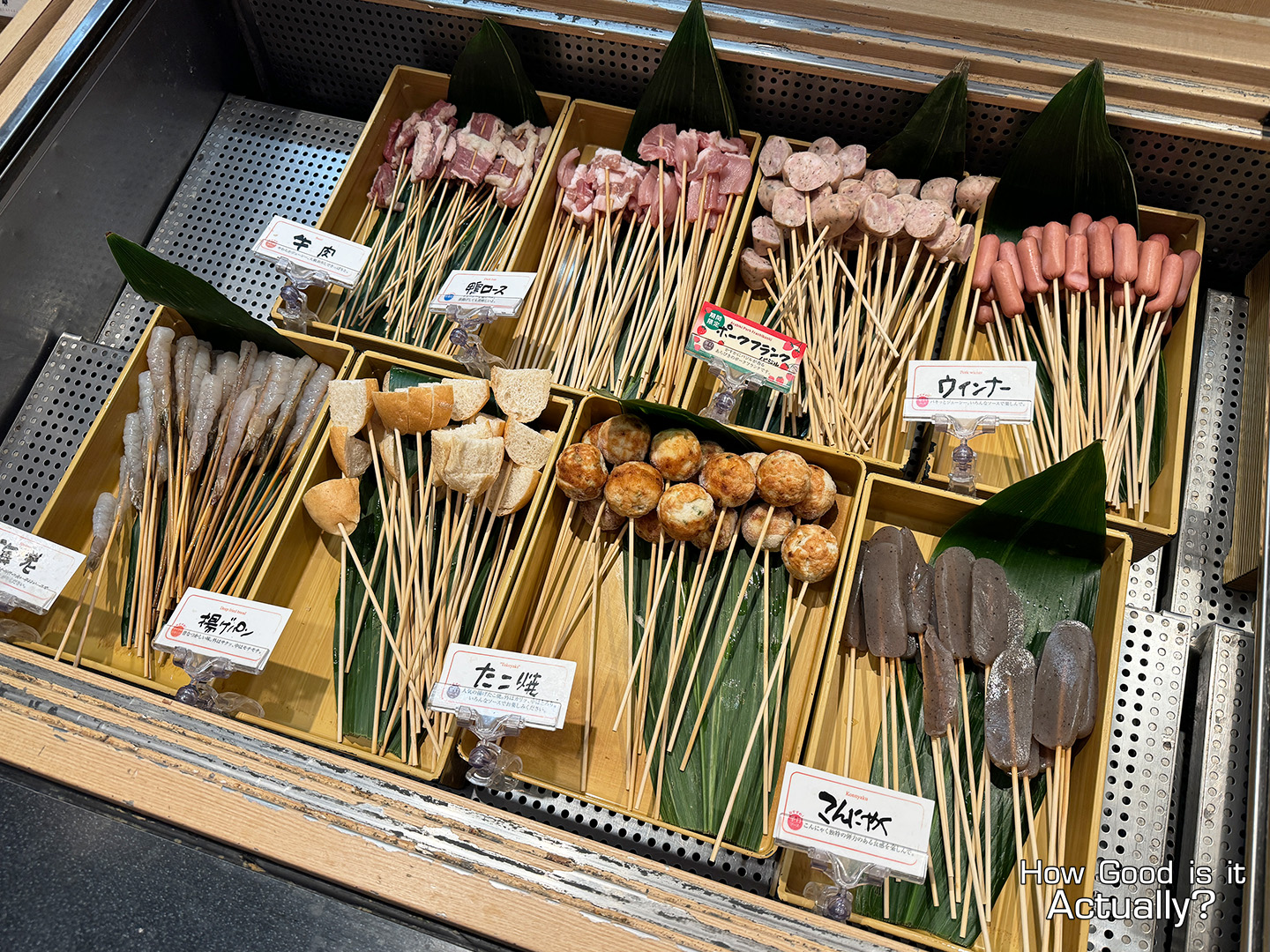 Kushiya Monogatari Buffet Lineup featuring Sausages, Shrimp, Bread, Takoyaki, Conjac