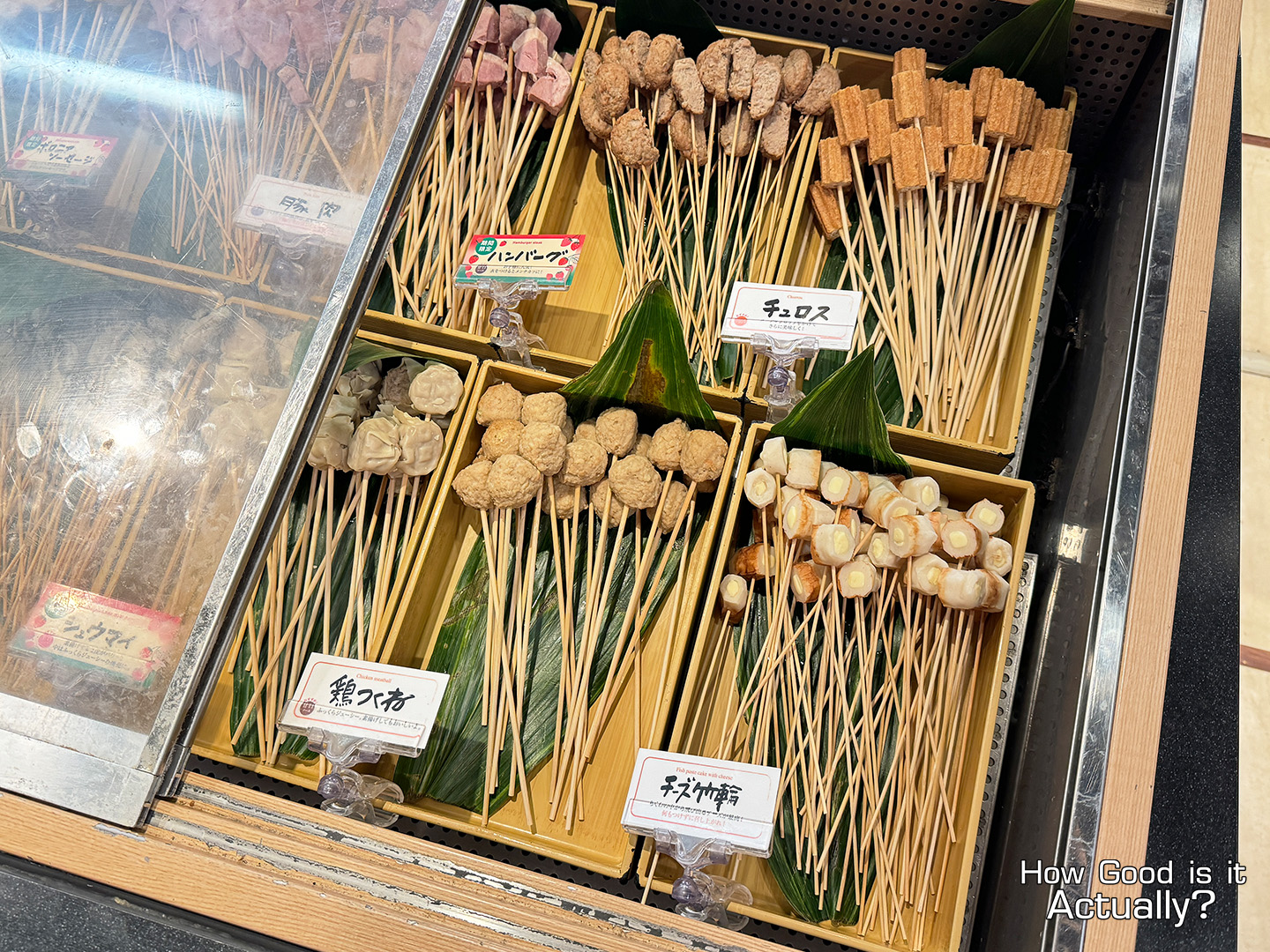 Kushiya Monogatari Buffet Lineup featuring Churros, Tsukune, Chikuwa, Hamburg