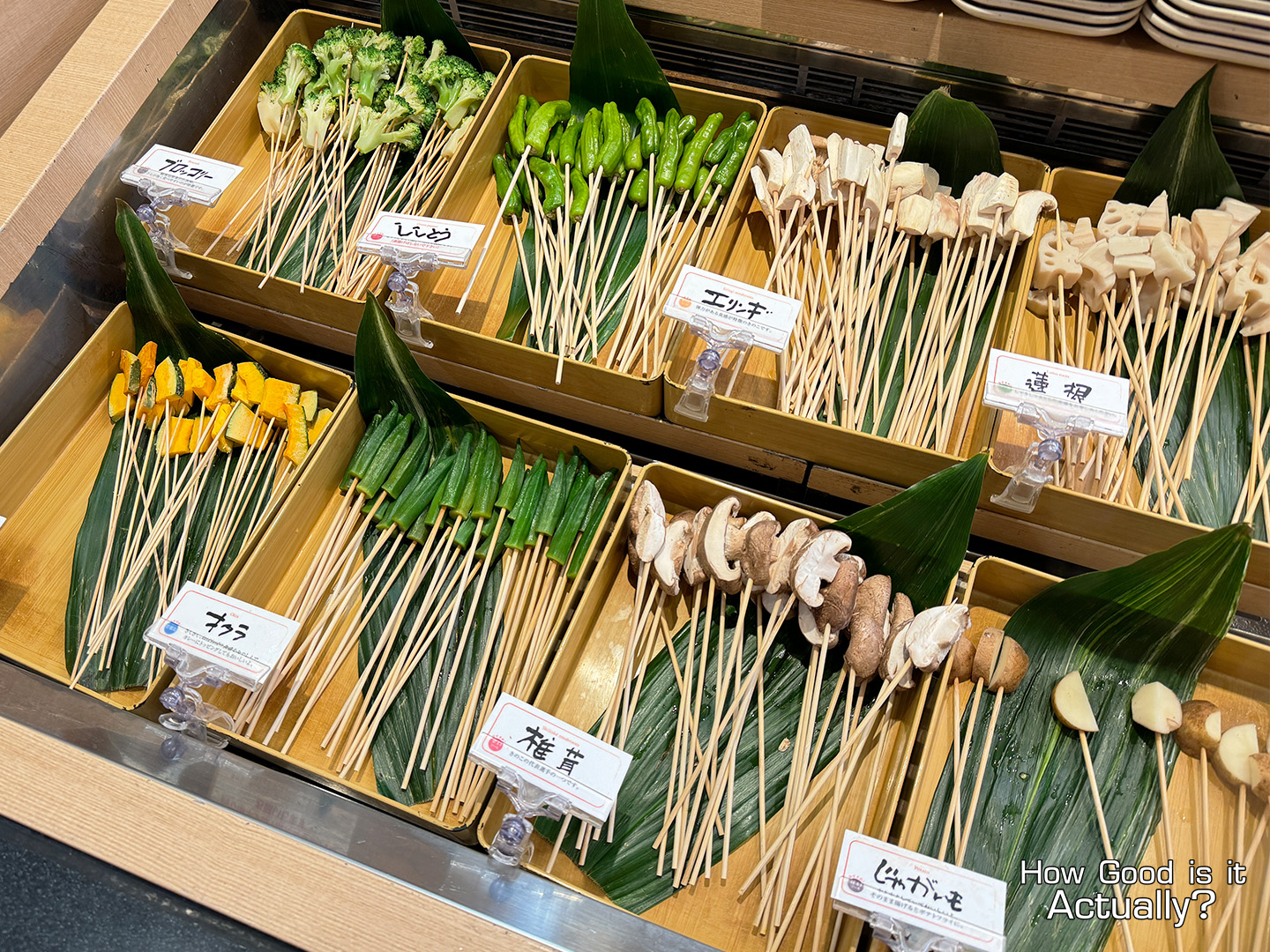Kushiya Monogatari Buffet Lineup featuring Broccoli, Mushrooms, Potato, Lotus Root