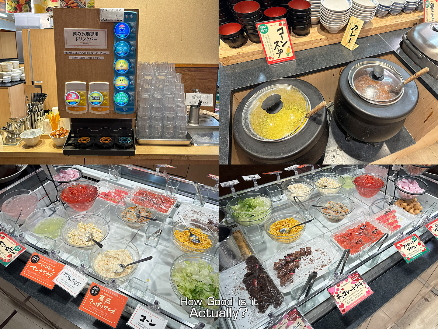 Kushiya Monogatari Buffet Lineup featuring a Soda Fountain, Soups, Salad Bar, and Desserts
