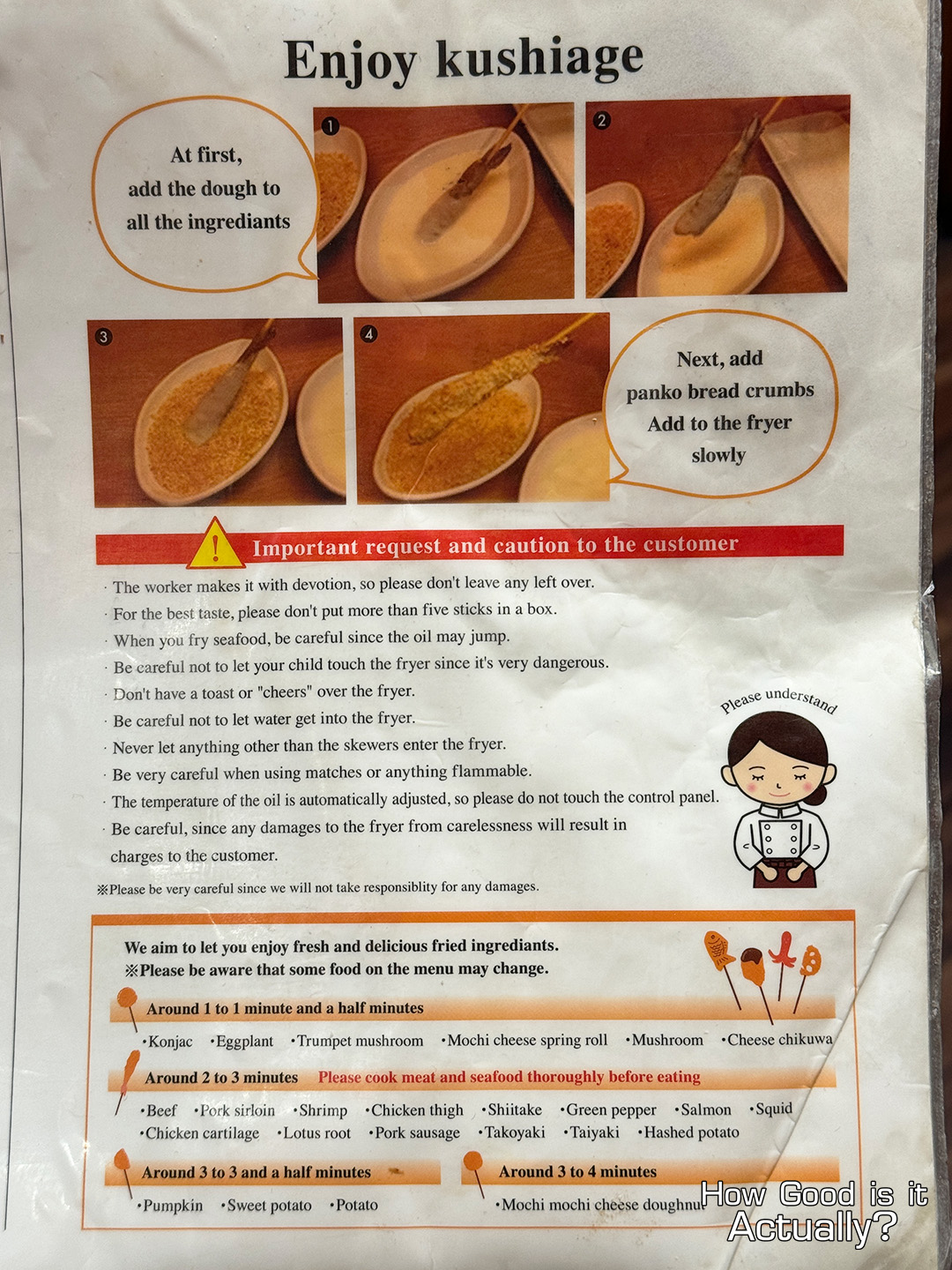 Kushiya Monogatari Instructions Leaflet on how to fry Kushikatsu