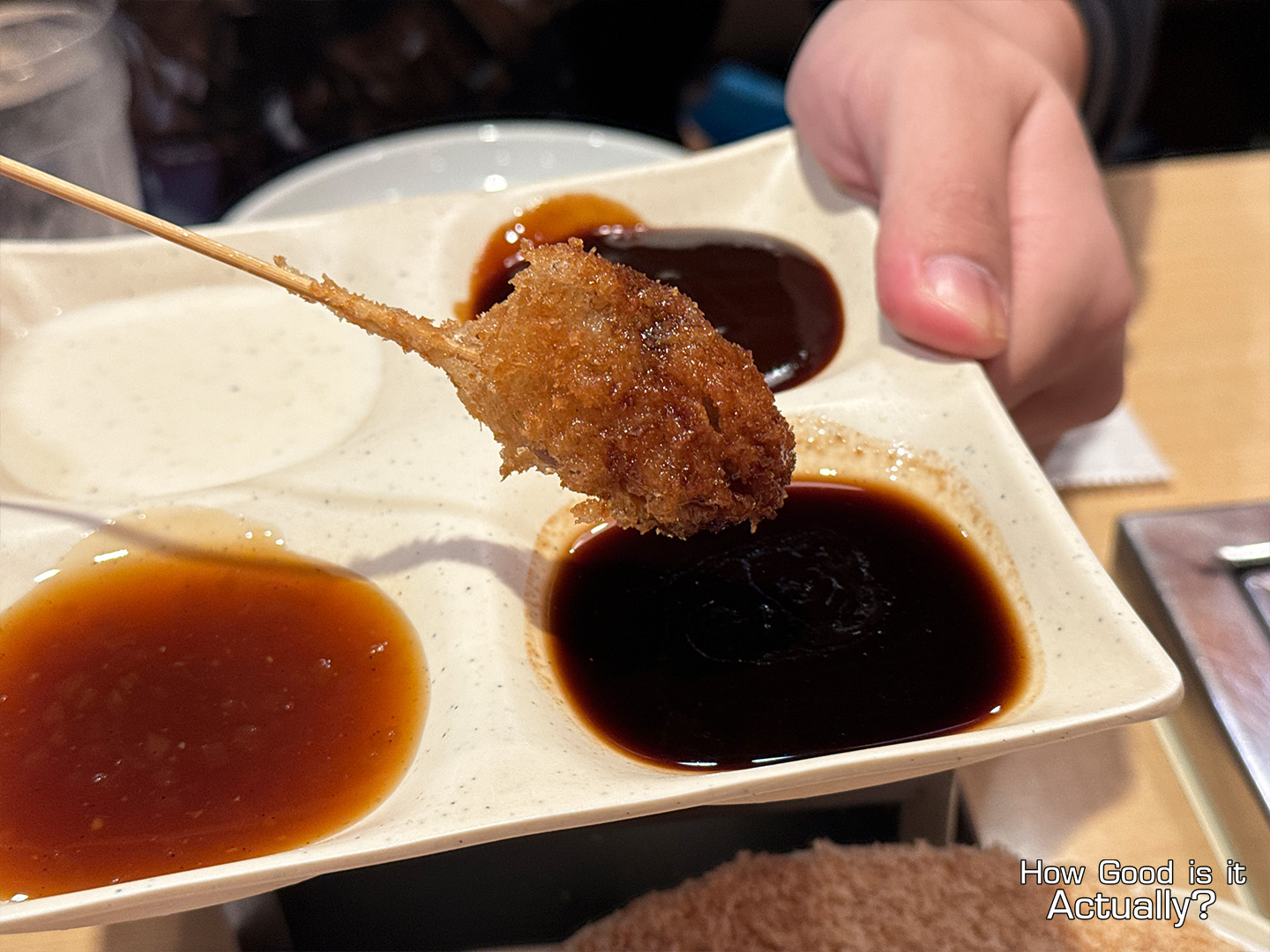 Kushiya Monogatari Dipping Cooked Kushikatsu into Sauce