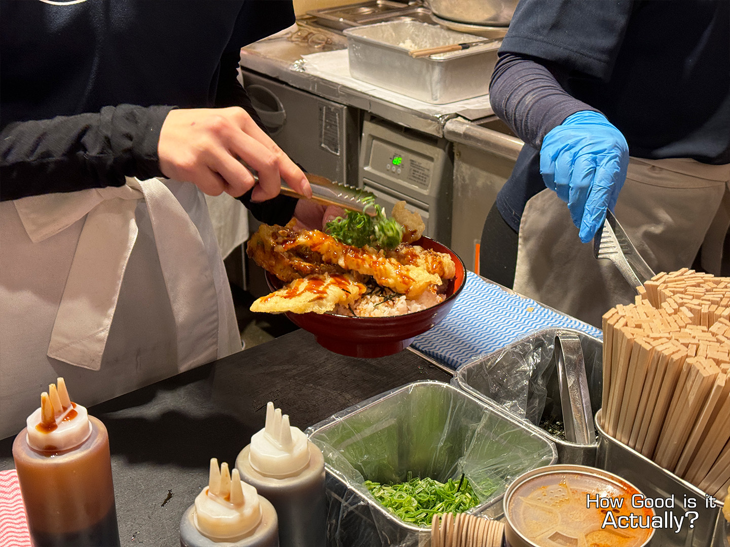Tempura no Yama Garnishing Tendon with Spring Onions
